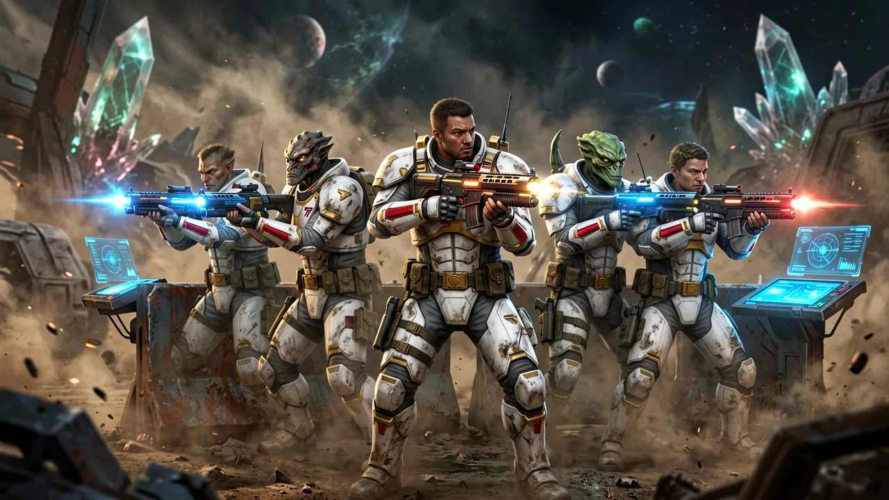 A squad of armored soldiers and unique alien operatives taking cover behind metallic barriers, aiming energy rifles across a futuristic combat zone.