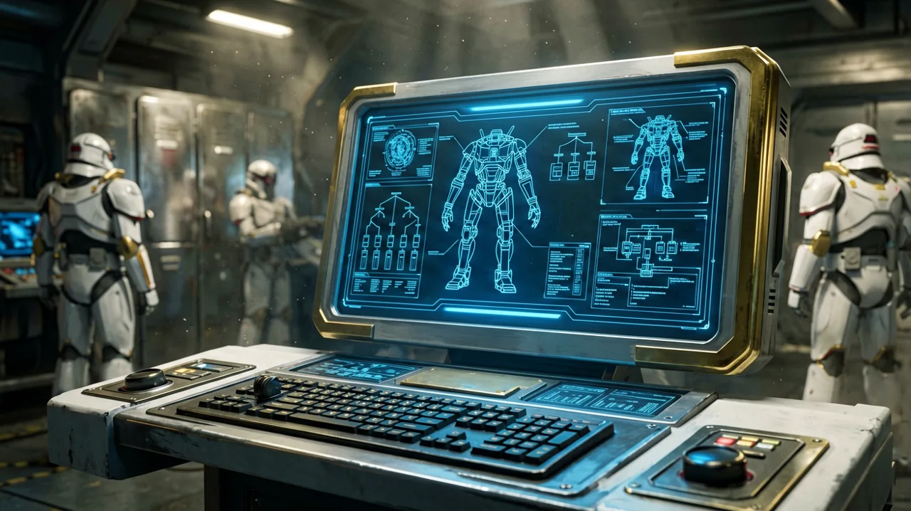 A sleek sci-fi tactical display screen in a command center, rendering high-contrast blue and orange graphs of weapons and soldier specializations.