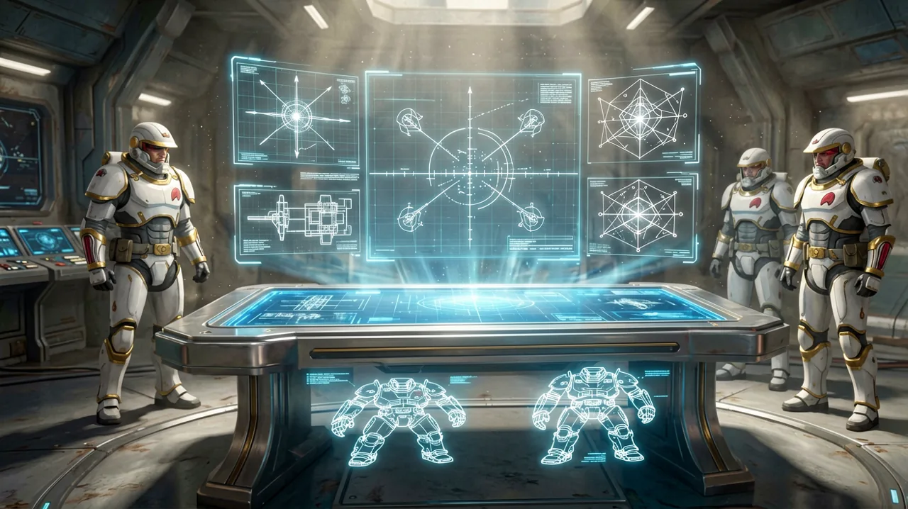 A sci-fi tactical planning table displaying glowing blue holographic combat grids and schematics in an industrial studio environment.