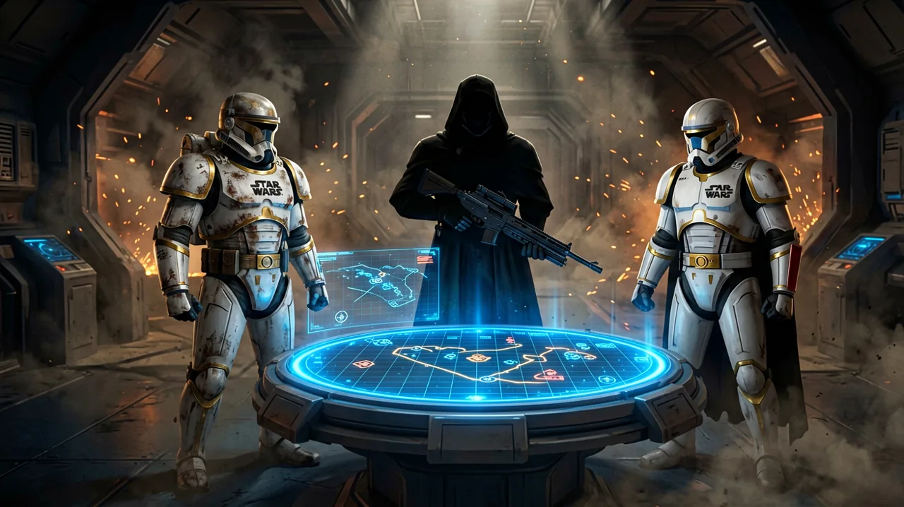 A group of original Clone Wars-era operatives gathers around a glowing holotable inside a hangar base.