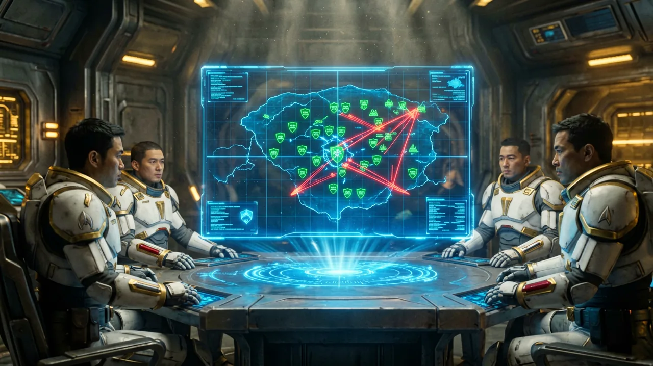 A glowing holographic tactical map table inside a dimly lit sci-fi military command room, displaying grid lines, tactical icons, and cover indicators.