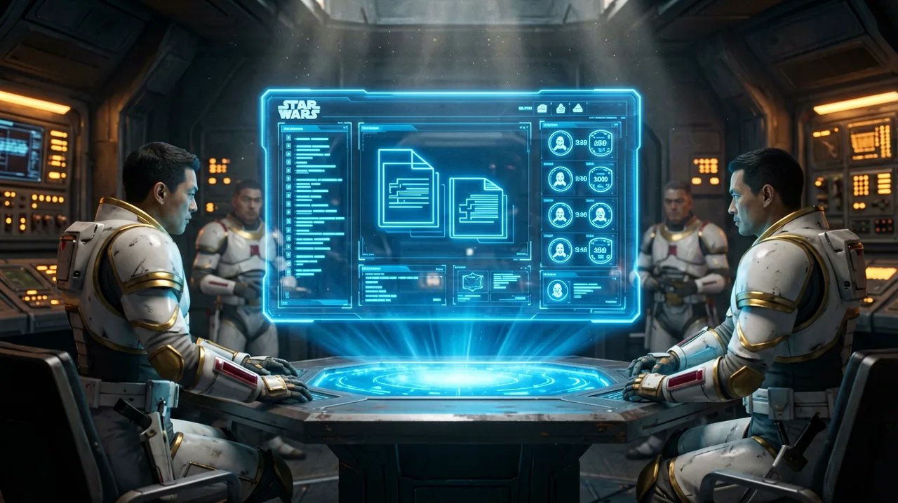 A glowing holographic database terminal displaying tactical file outlines inside a dark command room.