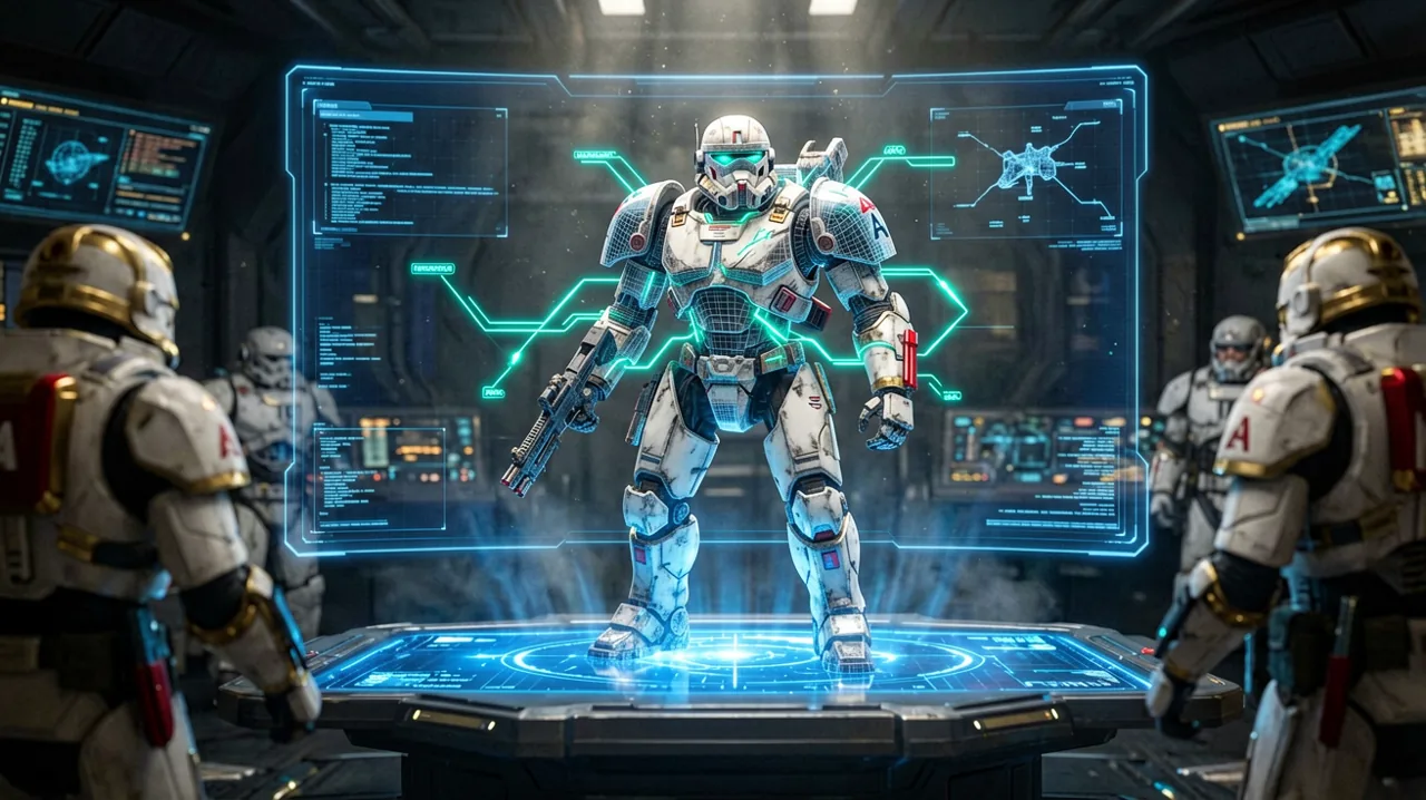 A weathered tactical droid silhouette showing tactical pathways and cover nodes under faint blue lighting.