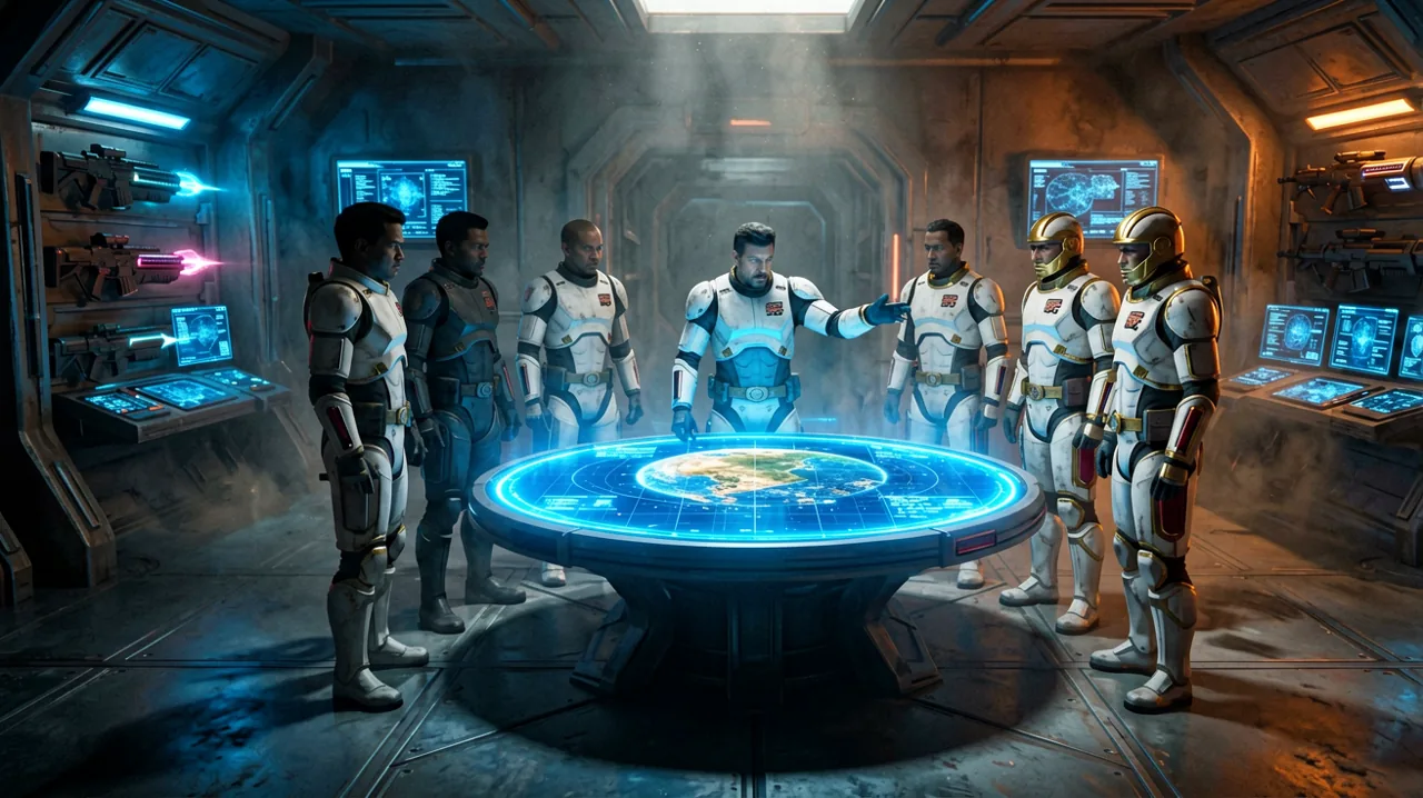A group silhouette of custom-designed Galactic Republic operatives surrounding a tactical holographic map inside a dimly lit barracks room.