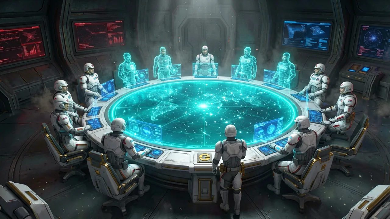 A tactical projection showing holographic unit silhouettes around a command table in a futuristic sci-fi war room.