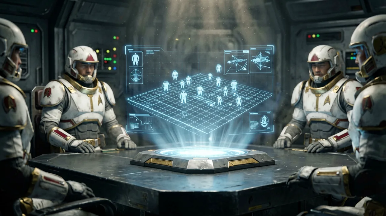 A glowing holographic tactical display on a metal table in a dark command bunker showing grids, unit positions, and shield boundaries.