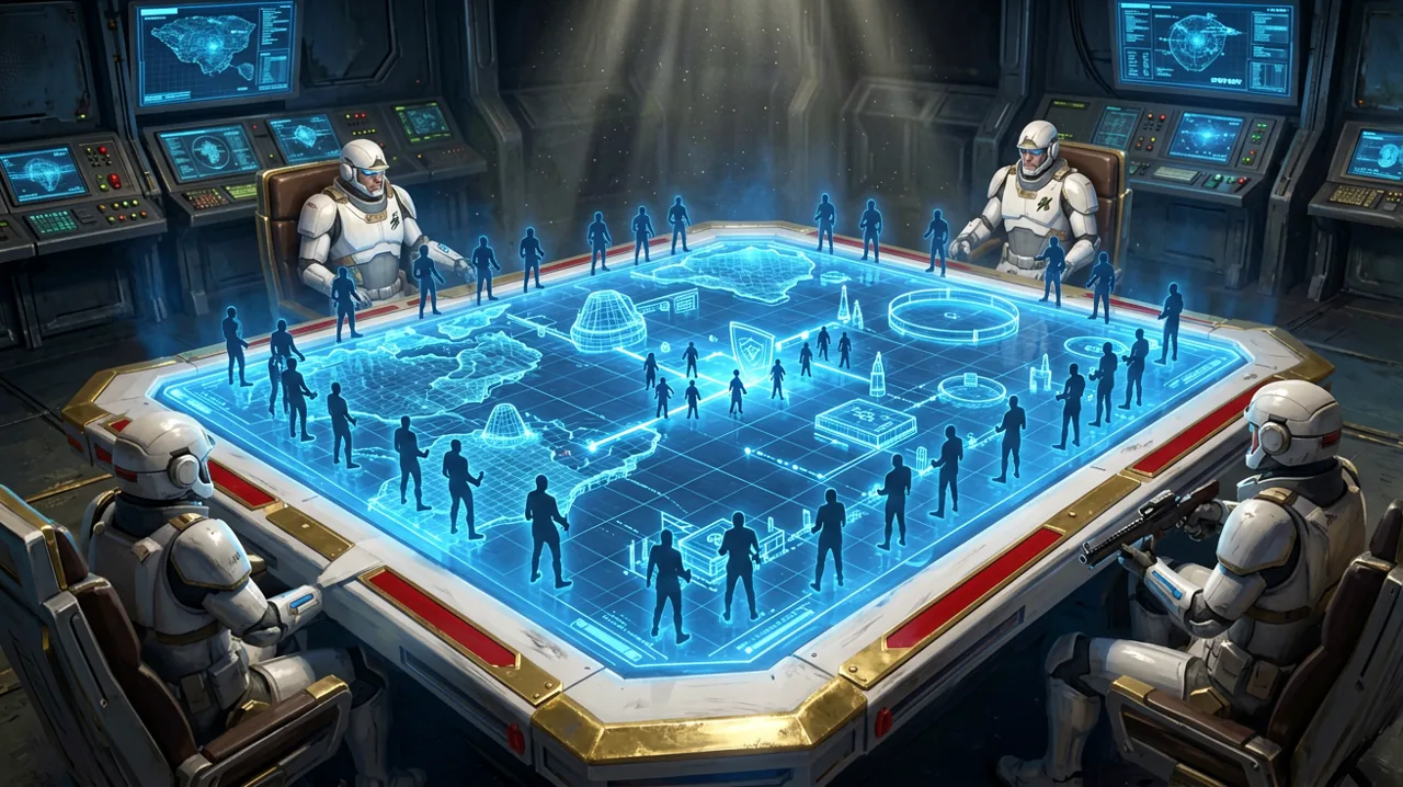 A glowing blue holographic tactical war table projecting grid-based cover layouts and squad combat vectors inside a dark sci-fi military command room.