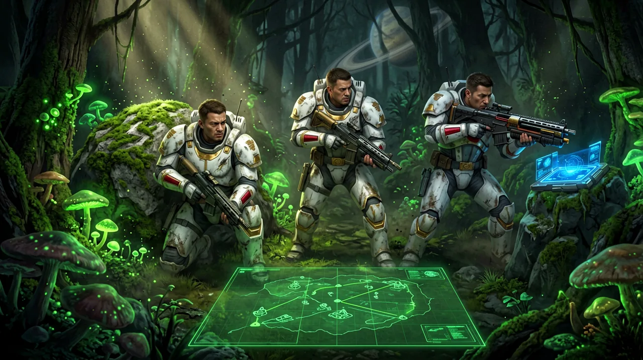 A tactical view of armored soldiers moving through a dark, shadowy forest with glowing green spores reflecting off their gear under a distant alien moon.