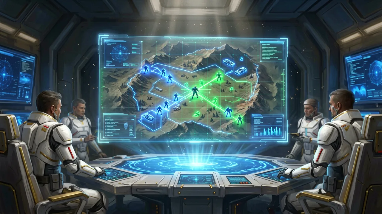 Holographic tactical map showing defense lines, cover locations, and soldier vectors glowing in blue and green in a dark briefing room.