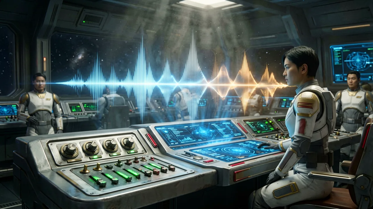 A cinematic representation of holographic soundwaves shimmering in blue and gold above a sleek metal military command console.