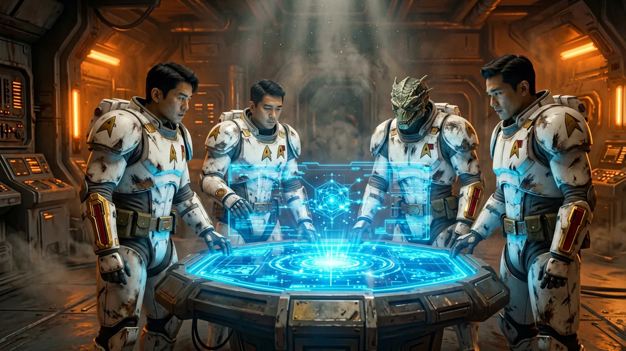 A diverse squad of custom tactical operatives gathered around a glowing blue hologram table in a dark metallic military base.