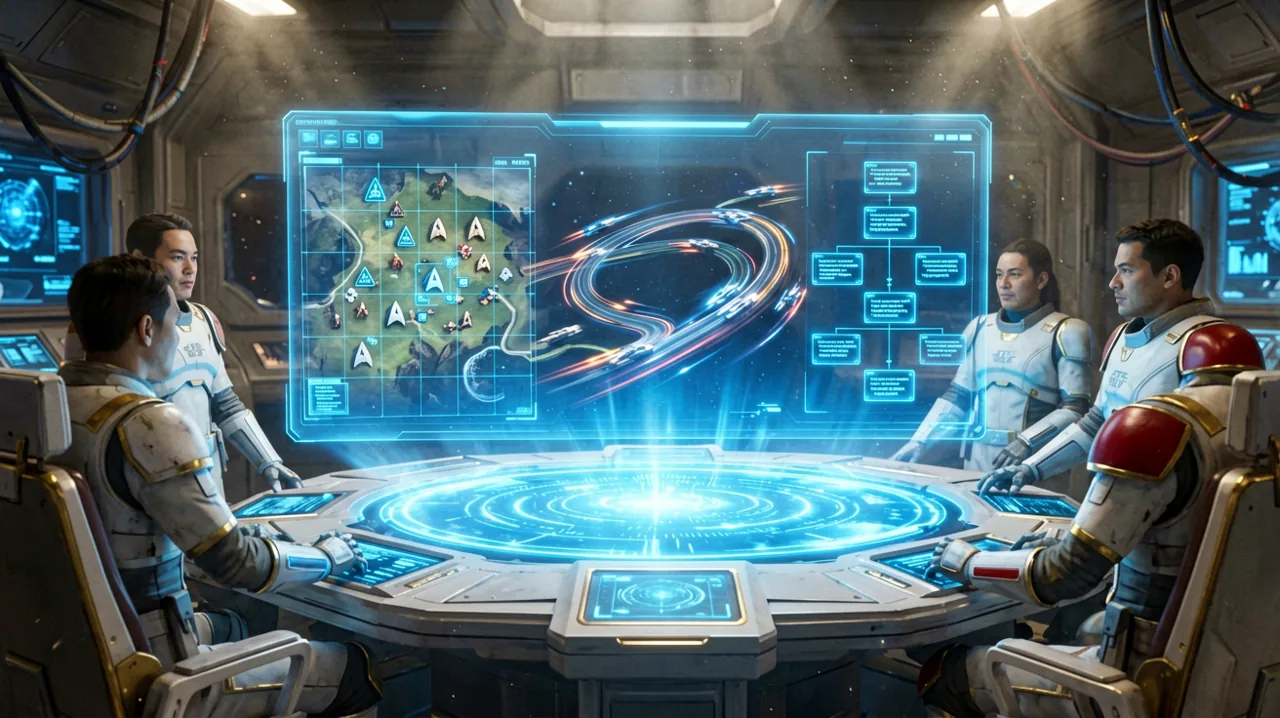 A glowing blue holographic command table showcasing various tactical grid layouts and orbital pathways in a sci-fi command room.