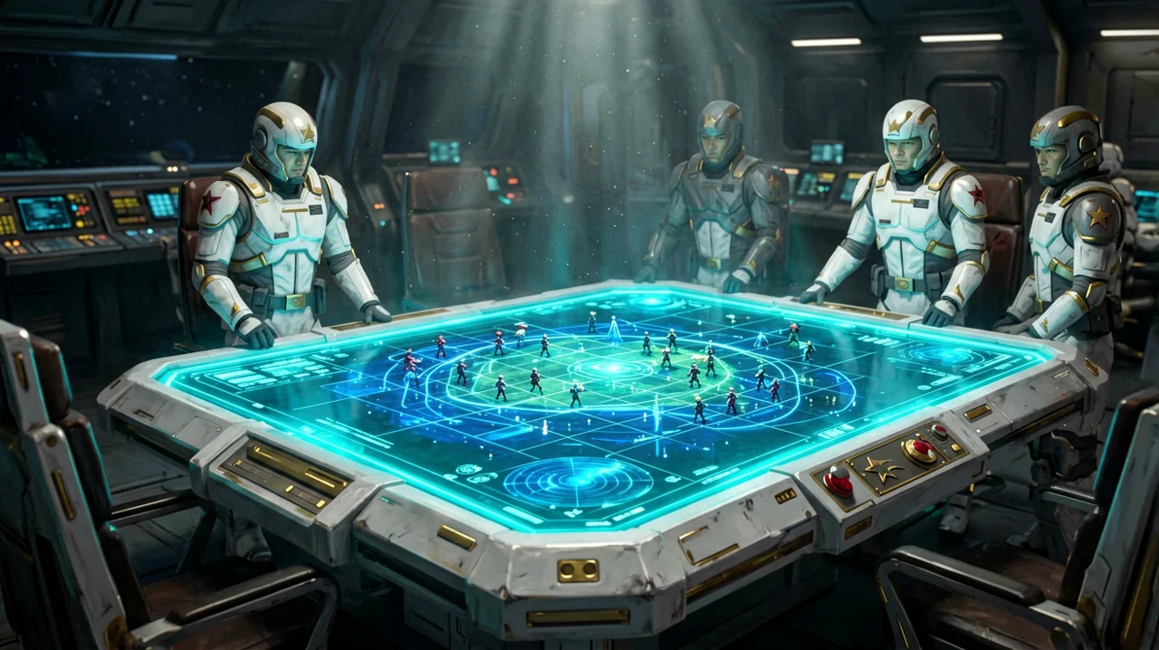 A holographic tactical display showing squad formations and grid sectors in a Clone Wars era Republic briefing room.