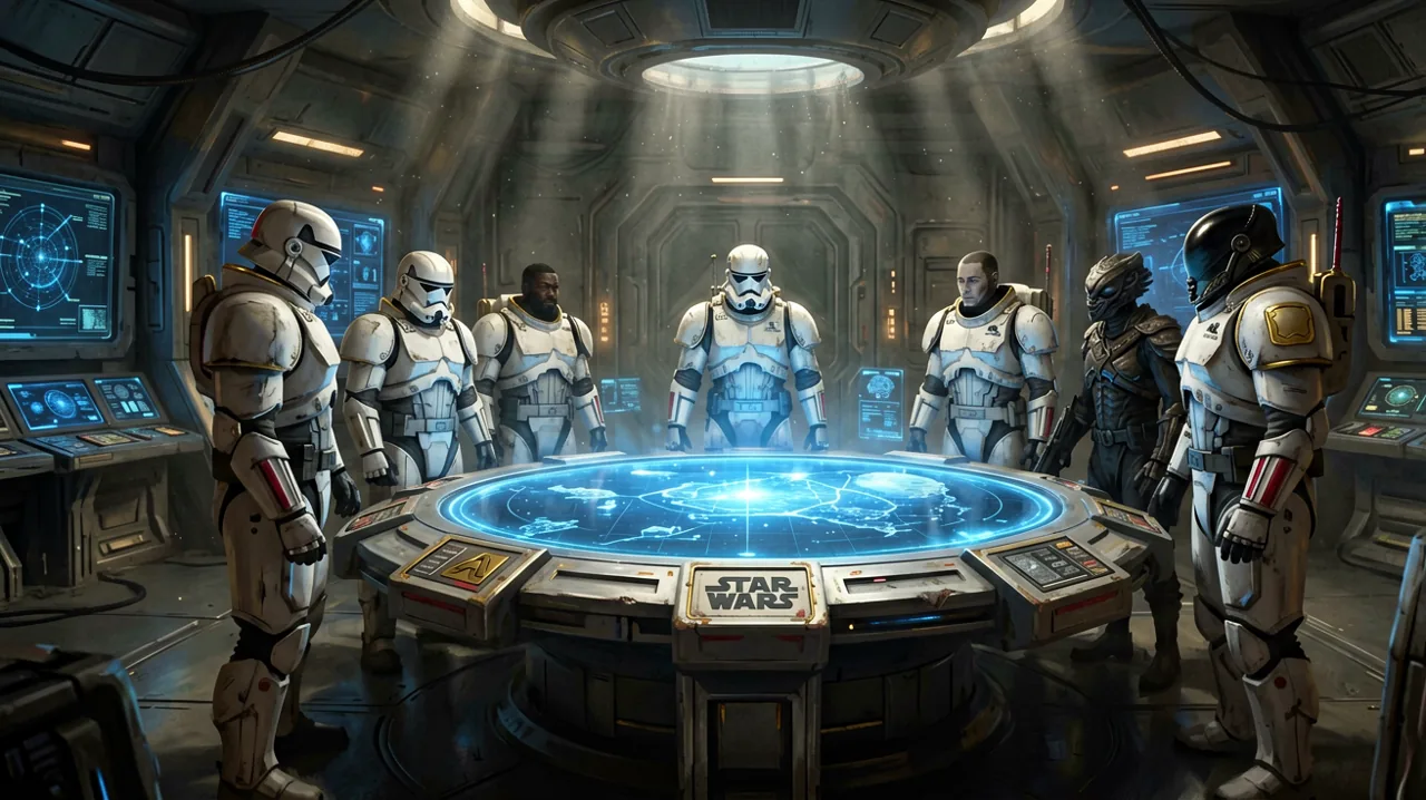 Silhouettes of customizable alien and clone operatives standing around a glowing blue tactical holotable inside a metallic base.