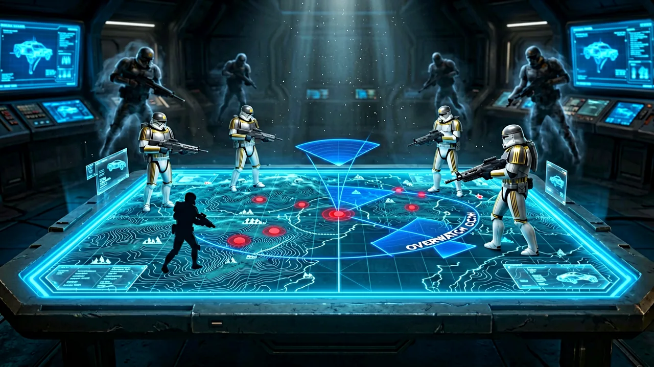 A tactical briefing table projecting a holographic squad of original alien mercenaries, with faded silhouettes of fallen operatives hovering in the background to symbolize permadeath.