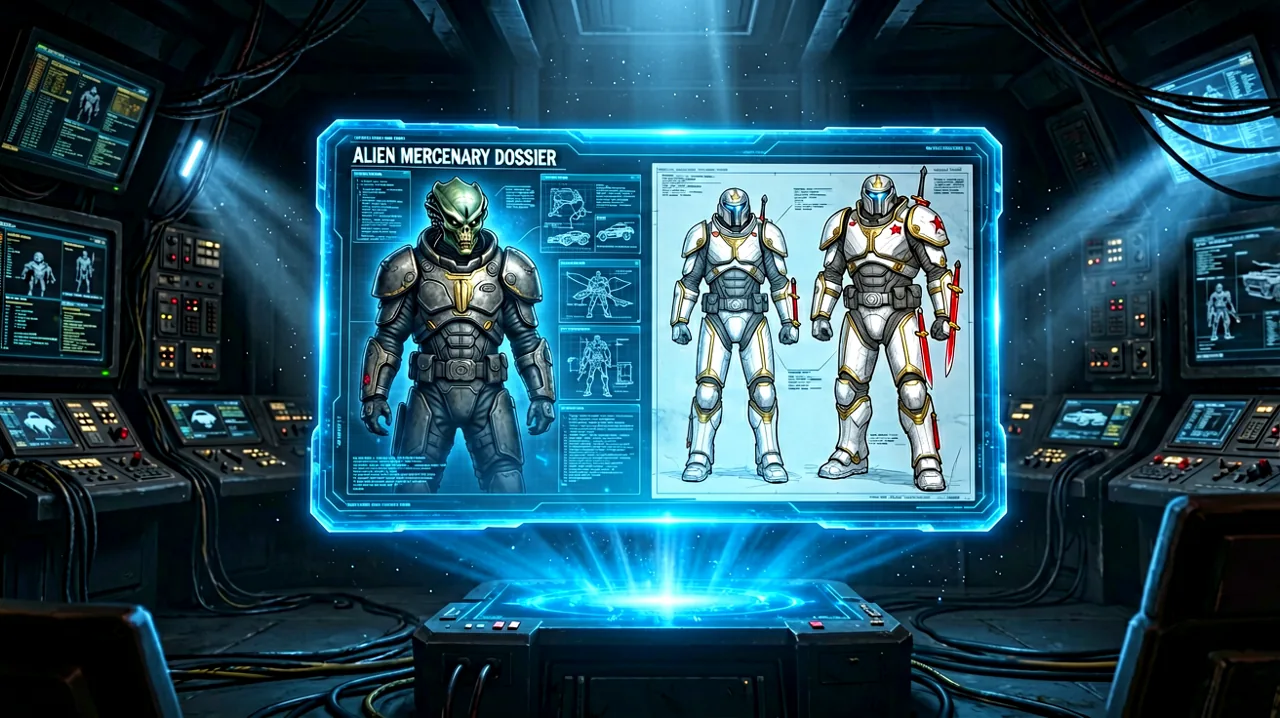 A glowing holographic datapad projecting alien mercenary dossiers and tactical armor designs within a strategic command center.