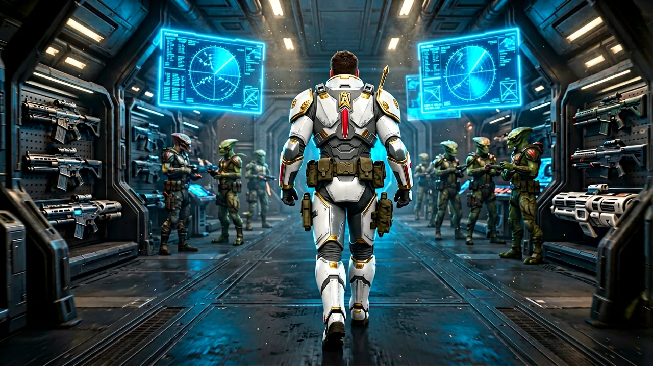 A third-person view of a custom operative walking through a bustling sci-fi base hangar.