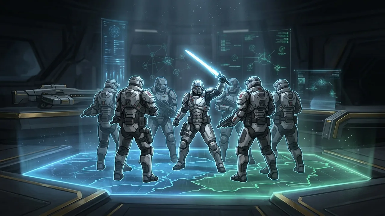 Holographic tactical display showing a squad of Clone Troopers in Phase I armor arrayed around a single Jedi Padawan silhouette.