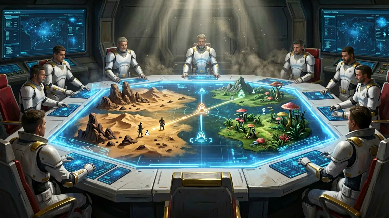 A holographic campaign map spread across a tactical command table, plotting a path through various battlefronts.