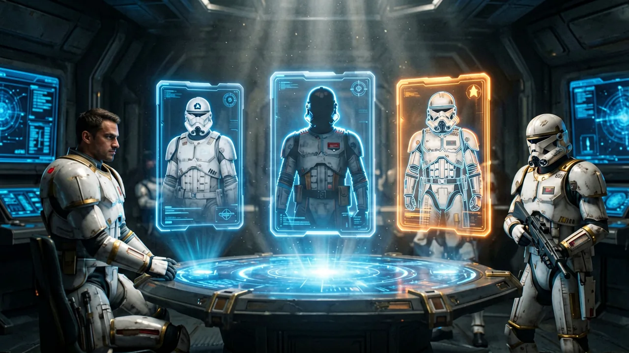 Holographic dossier cards of various operative classes illuminated in a dark tactical command center.