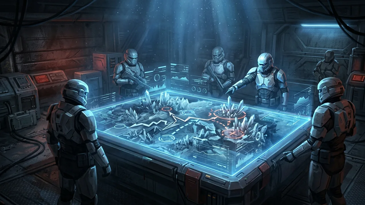 A holographic tactical display showing a mission timeline and strategic deployment zones within a gritty command base.