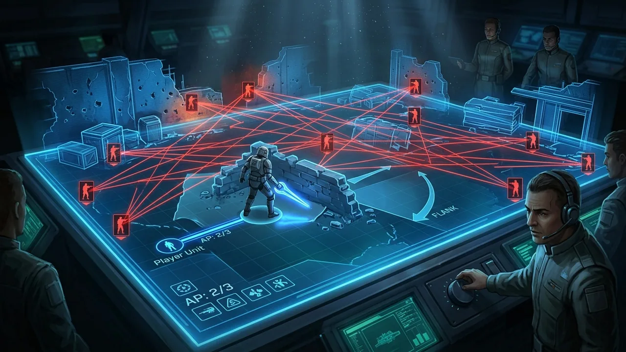 A holographic tactical map displaying a single melee operative under heavy overwatch fire, highlighting the high-stakes combat of Zero Company.