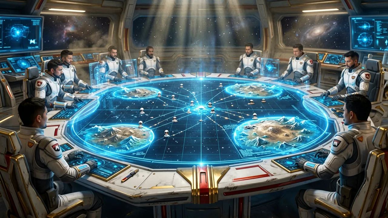 A holographic tactical map displaying numerous planets across the galaxy, surrounded by clone trooper helmets and strategic markers.