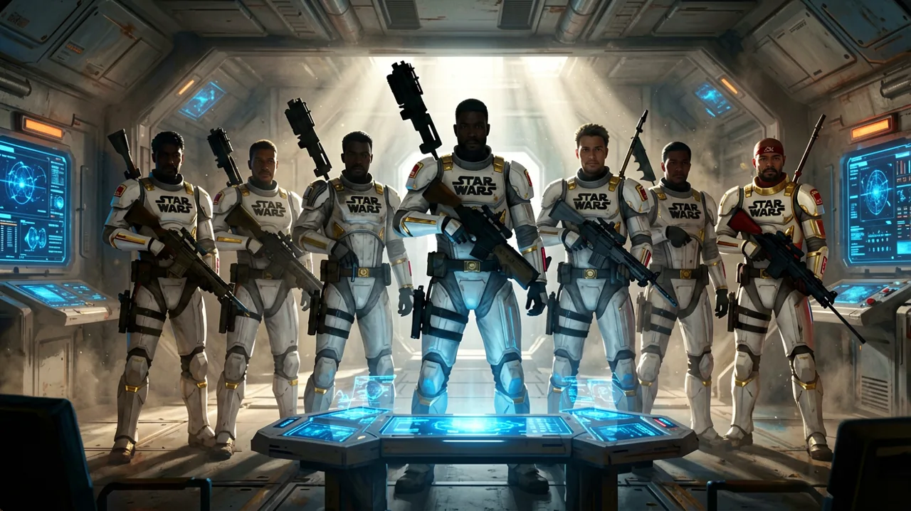 Silhouettes of a diverse mercenary squad standing inside the Den base.