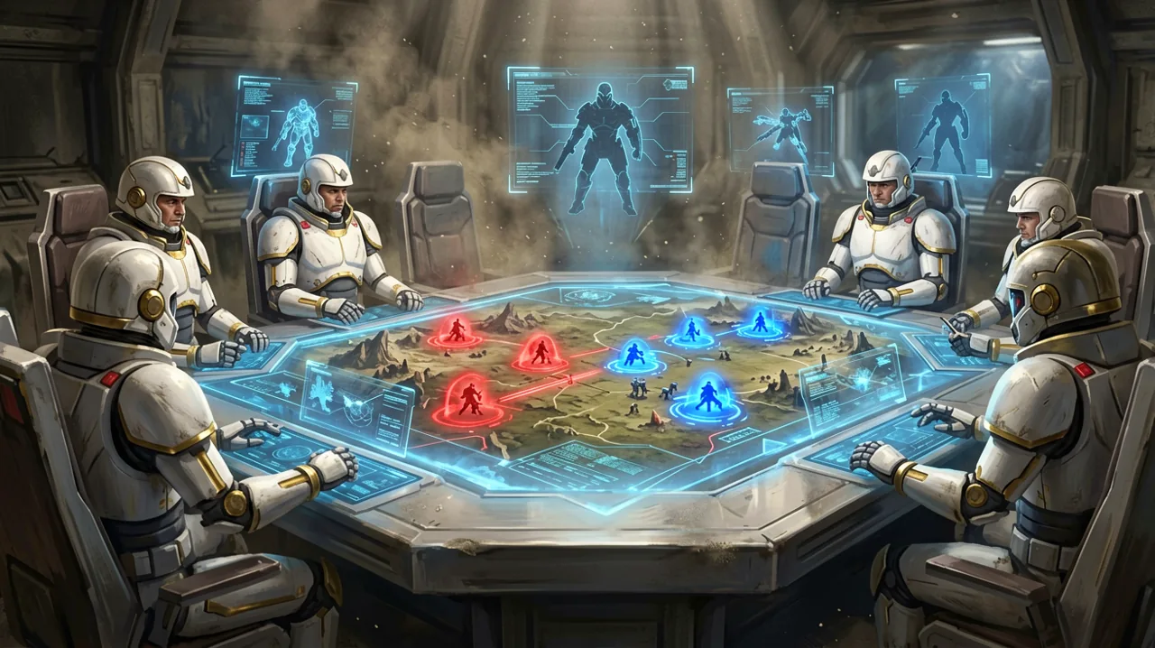 A holographic tactical map displaying unit positions, cover, and action points in a sci-fi strategy game style.