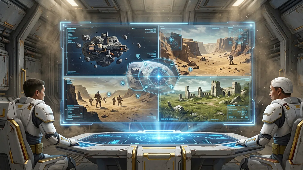 A holographic projection of diverse planetary terrains and a deep-space asteroid outpost on a tactical command table.