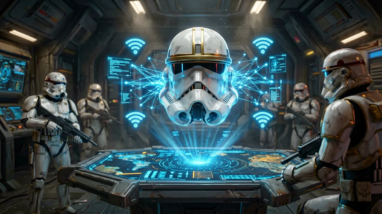 Holographic projection of a clone trooper helmet next to tactical data streams and a network connection symbol, representing cloud gaming.