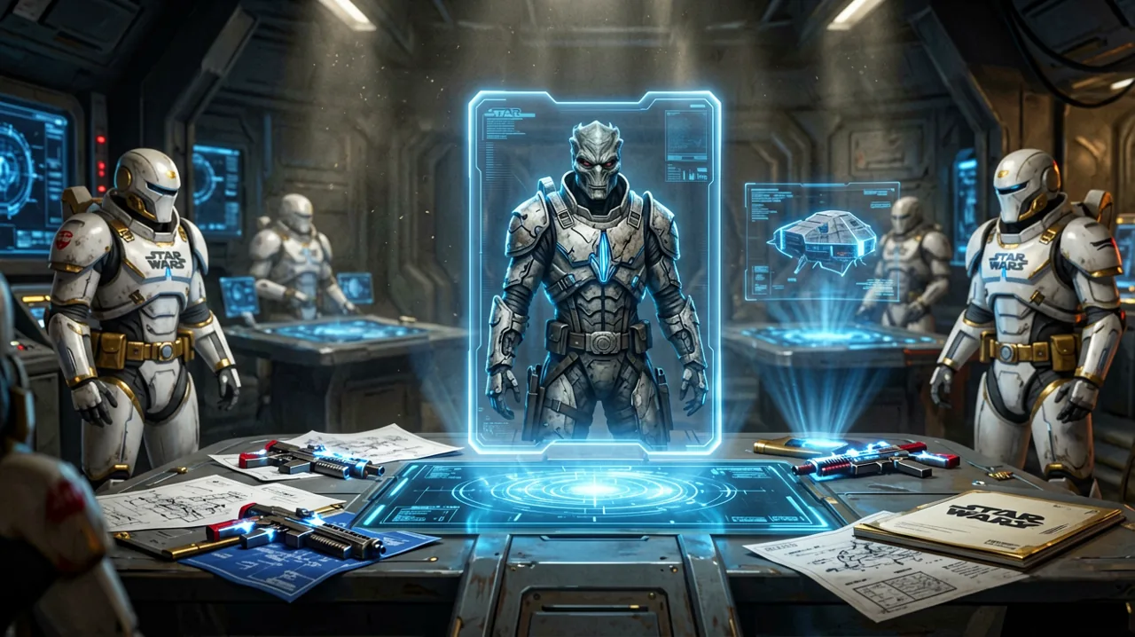 A glowing holographic dossier card displaying an alien mercenary on a tactical table inside a command center.