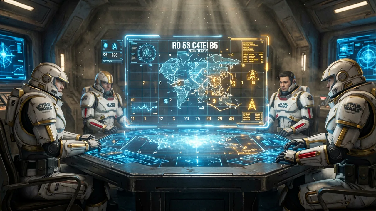 A glowing holographic calendar and tactical map UI on a command table, highlighting an upcoming deployment date.