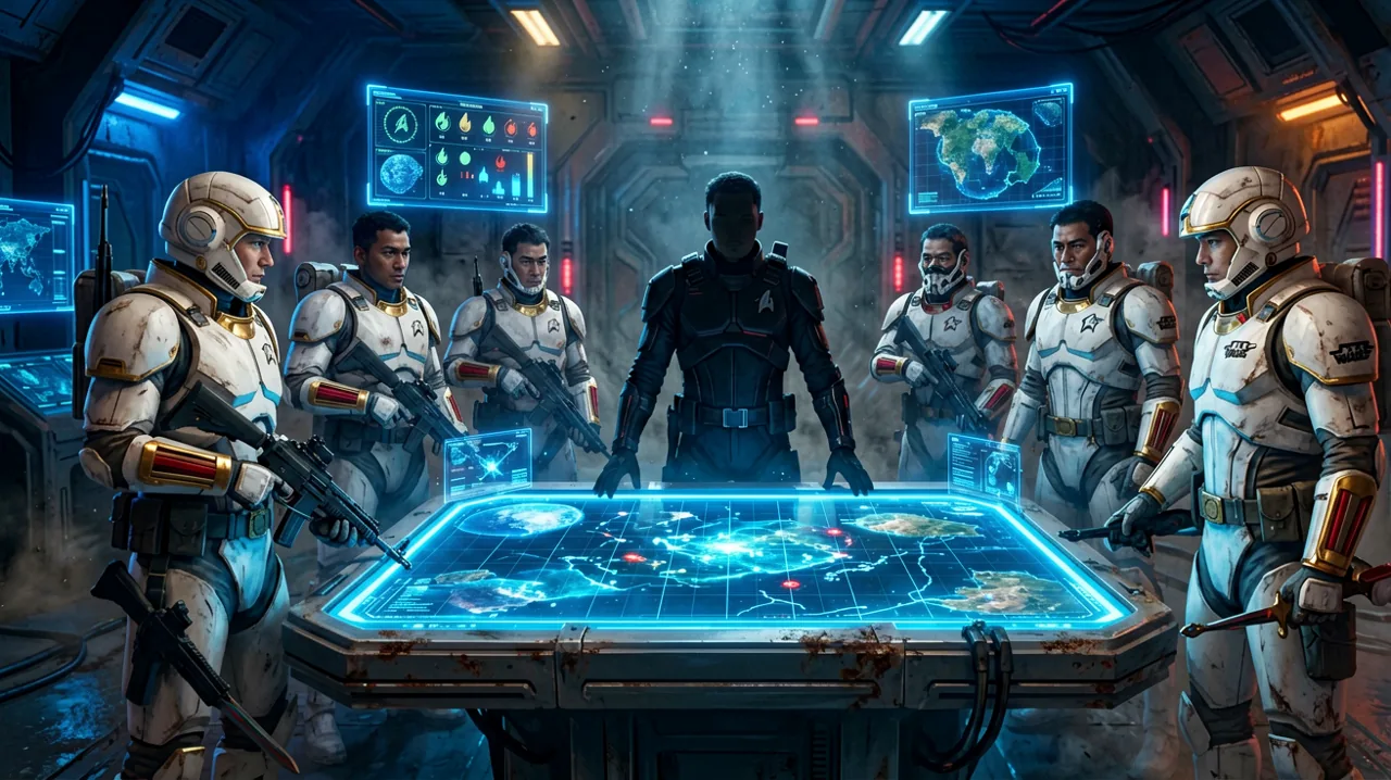A holographic tactical map showing a squad of operatives deployed on a battlefield grid.