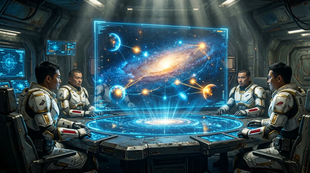 A glowing holographic projection of a galactic map displaying planetary systems and strategic nodes.