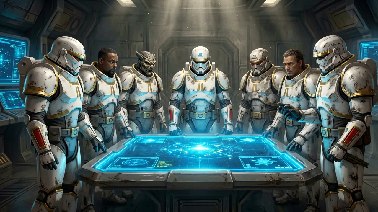 A diverse squad of operatives planning a mission around a holographic table inside The Den.