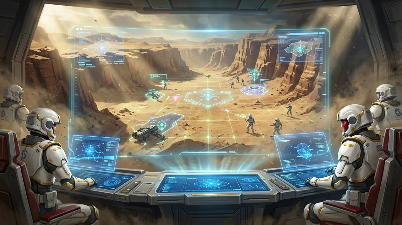 A sprawling holographic tactical map displaying cover positions, action points, and a desert canyon battlefield for a mercenary squad.