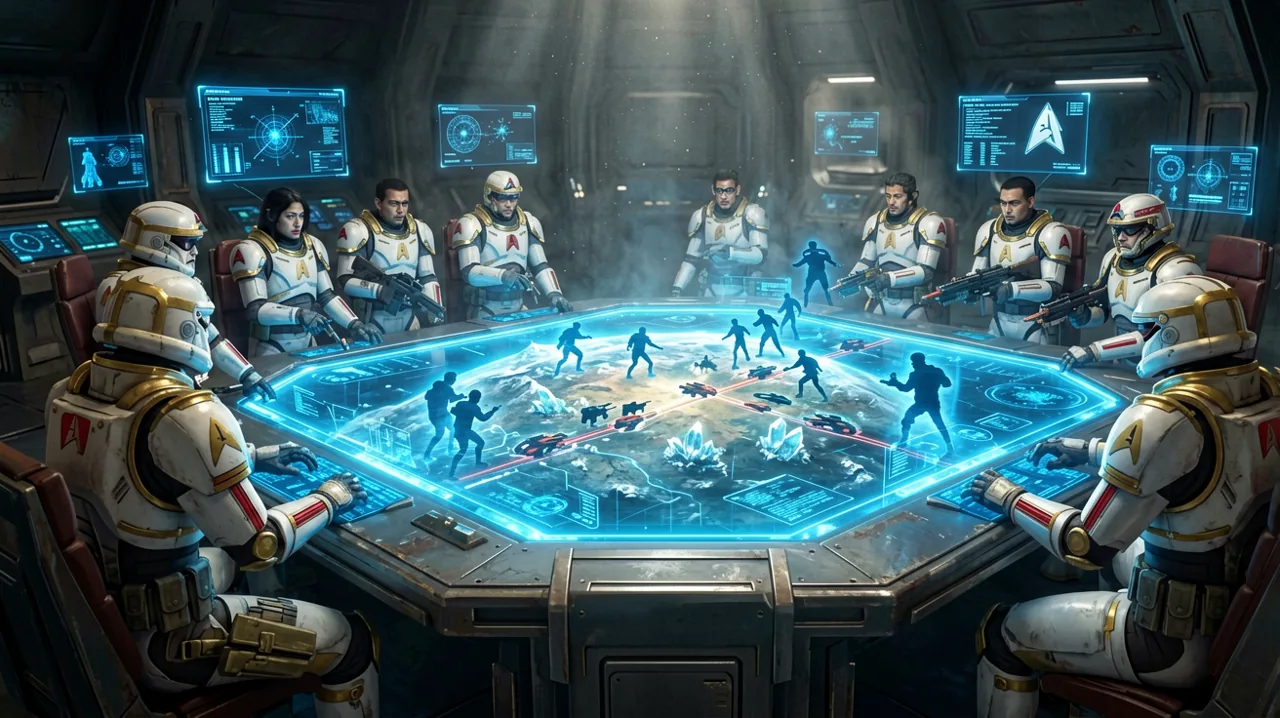 A holographic tactical display showing a diverse squad of sci-fi mercenaries planning a guerrilla ambush on a crystalline battlefield.