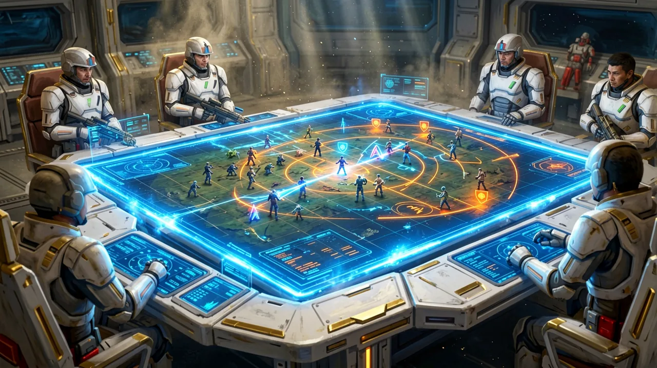 A holographic tactical map displaying a sci-fi battlefield with cover indicators and action point UI.