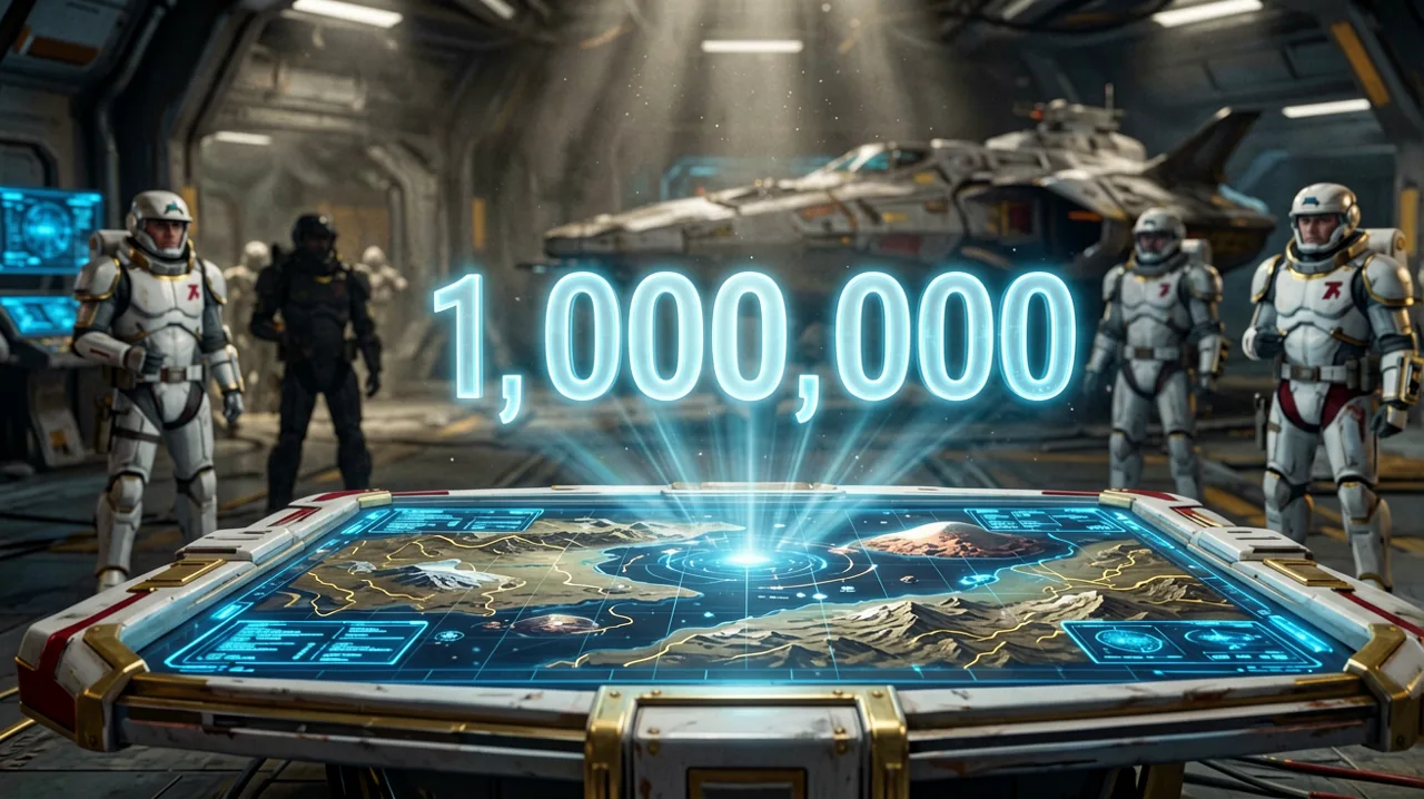 A holographic counter displaying one million illuminating a tactical map showing multiple Clone Wars battlefronts.