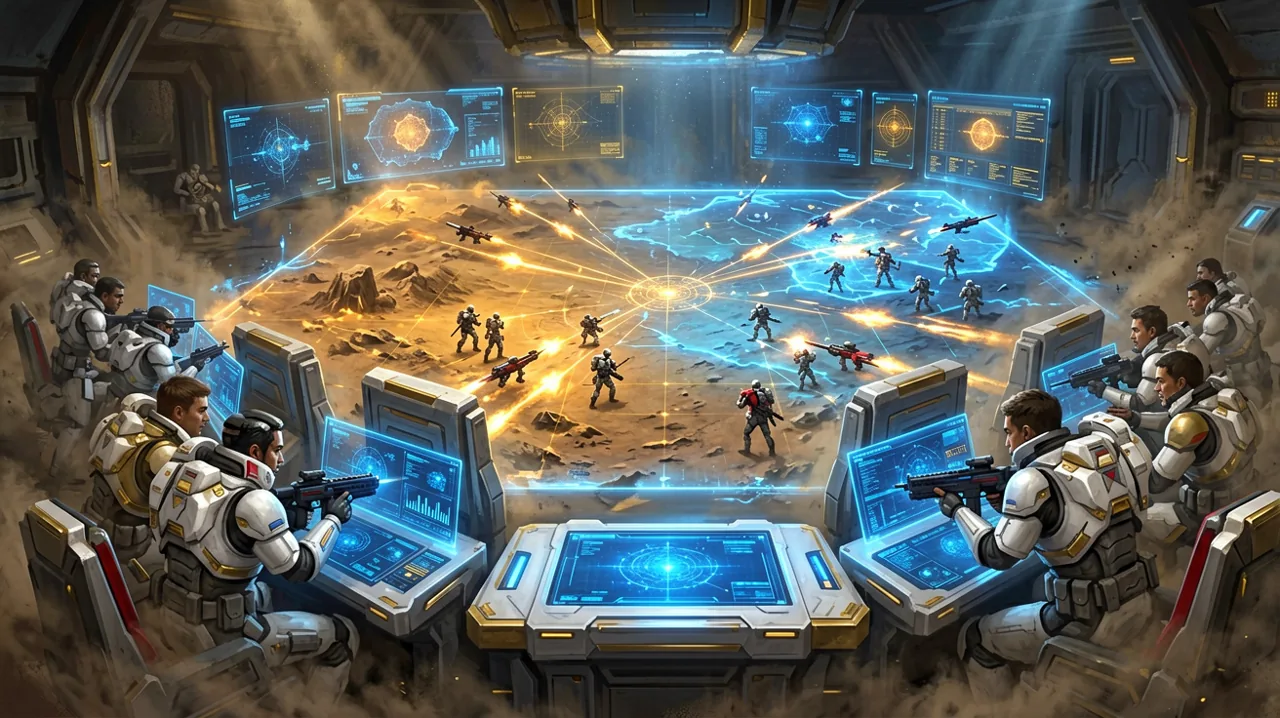 A holographic tactical map of a Clone Wars battlefield, displaying cover positions and glowing action point interface elements.