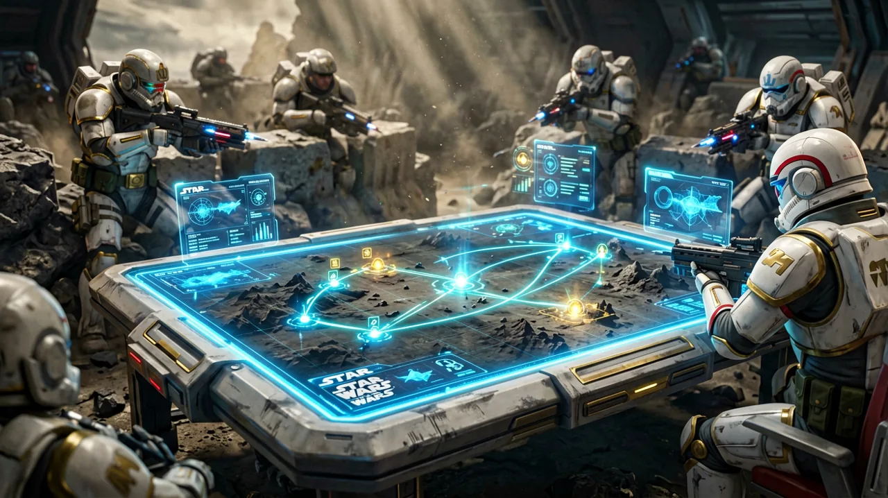 A holographic tactical display showing action point meters and squad combat positioning over a rocky Clone Wars battlefield