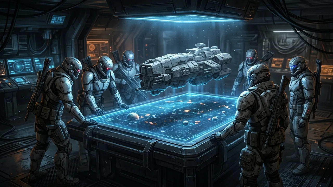 A cinematic holographic tactical map table projecting a massive grey capital ship, surrounded by heavily armored sci-fi operatives reviewing strategy in a dark command center.