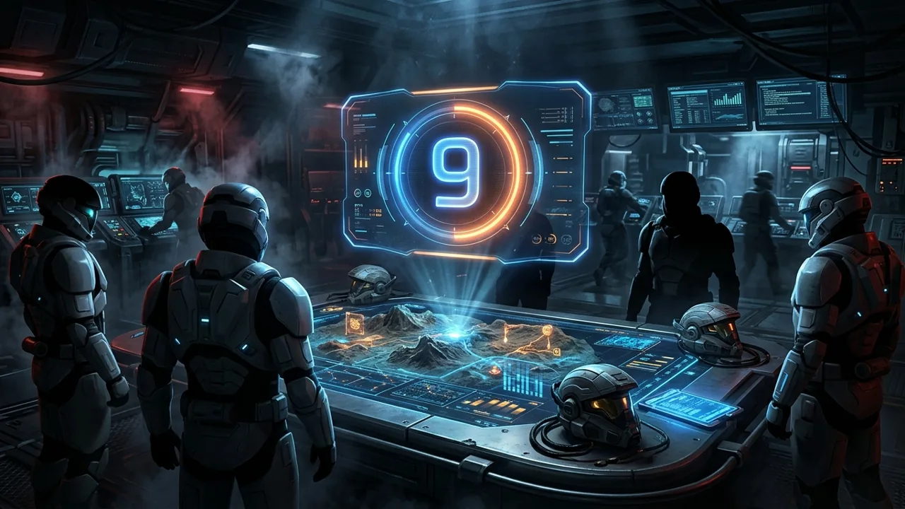 A glowing holographic countdown dashboard in a Republic-style tactical operations room
