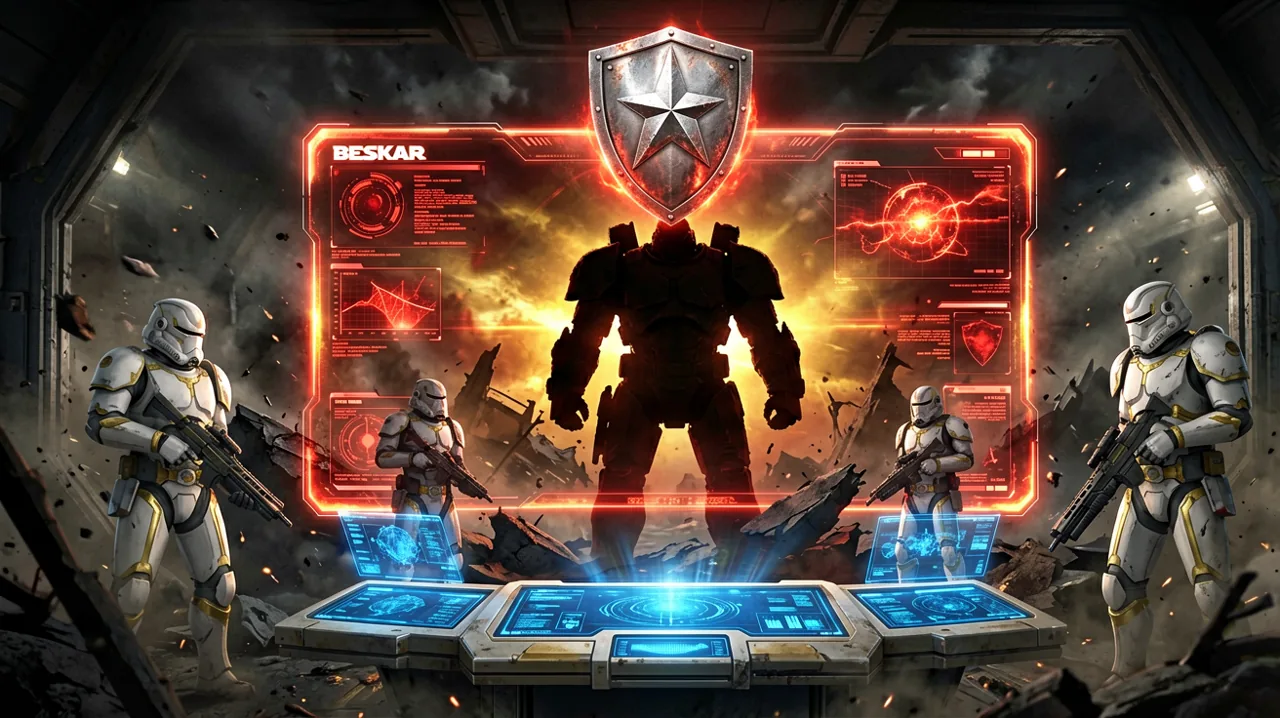A glowing tactical holographic display showing a heavy armor helmet emblem and red warning UI on a shadowy sci-fi battlefield.