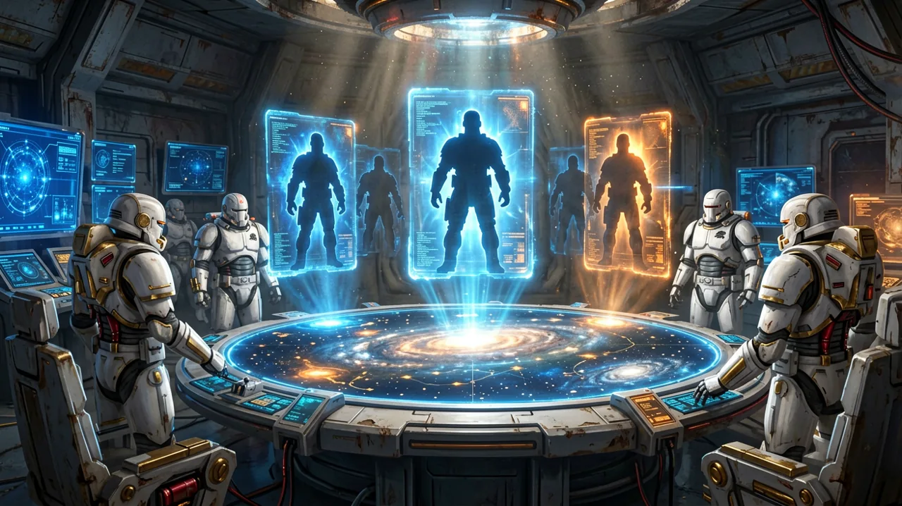A dimly lit holographic archive room showing tactical data cards of various mercenaries.
