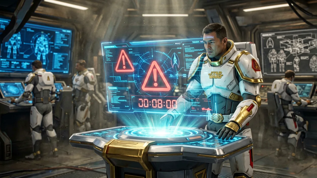 A glowing holographic warning terminal displaying tactical readiness data inside a command center.