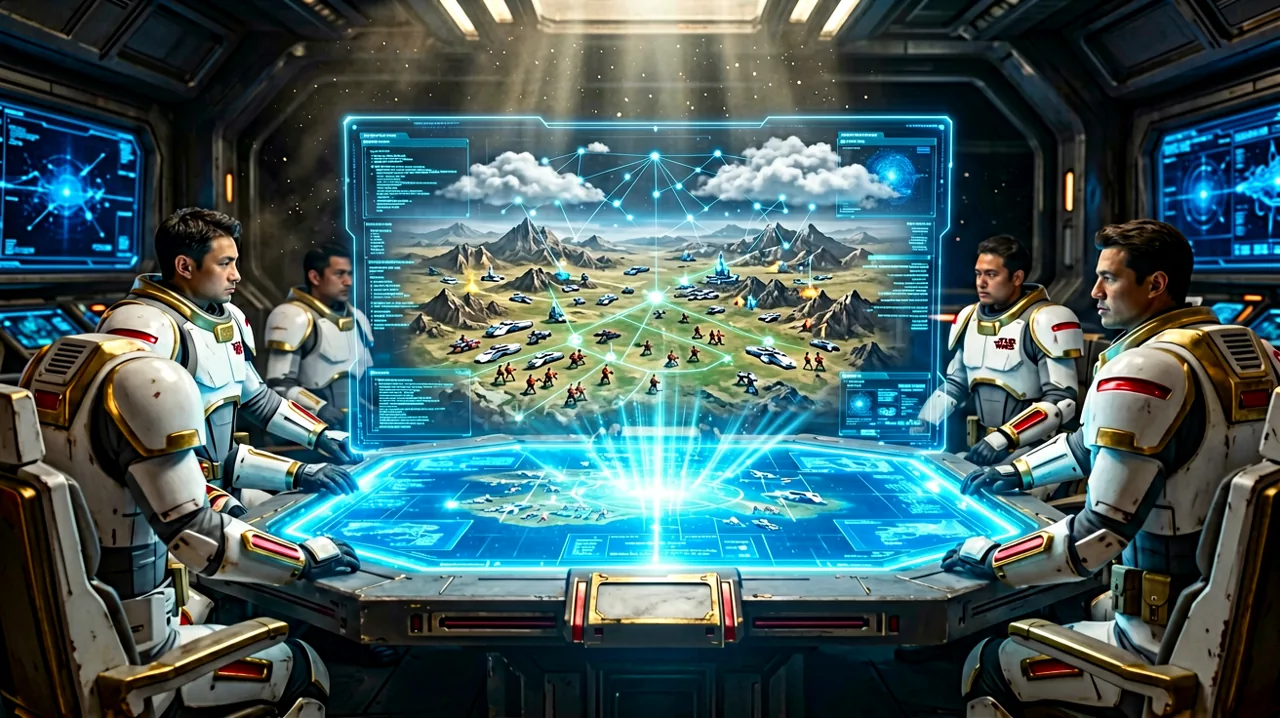 Holographic Republic tactical map overlaid with a stylized cloud networking icon, emphasizing strategic operations powered by remote technology.