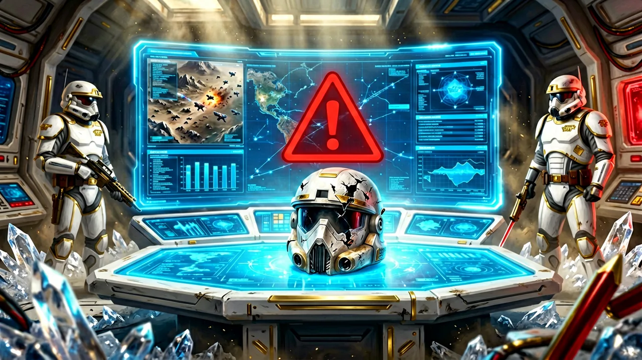 A glowing holographic command dashboard displaying tactical planetary maps, disrupted by a prominent red warning triangle over a shattered trooper helmet.