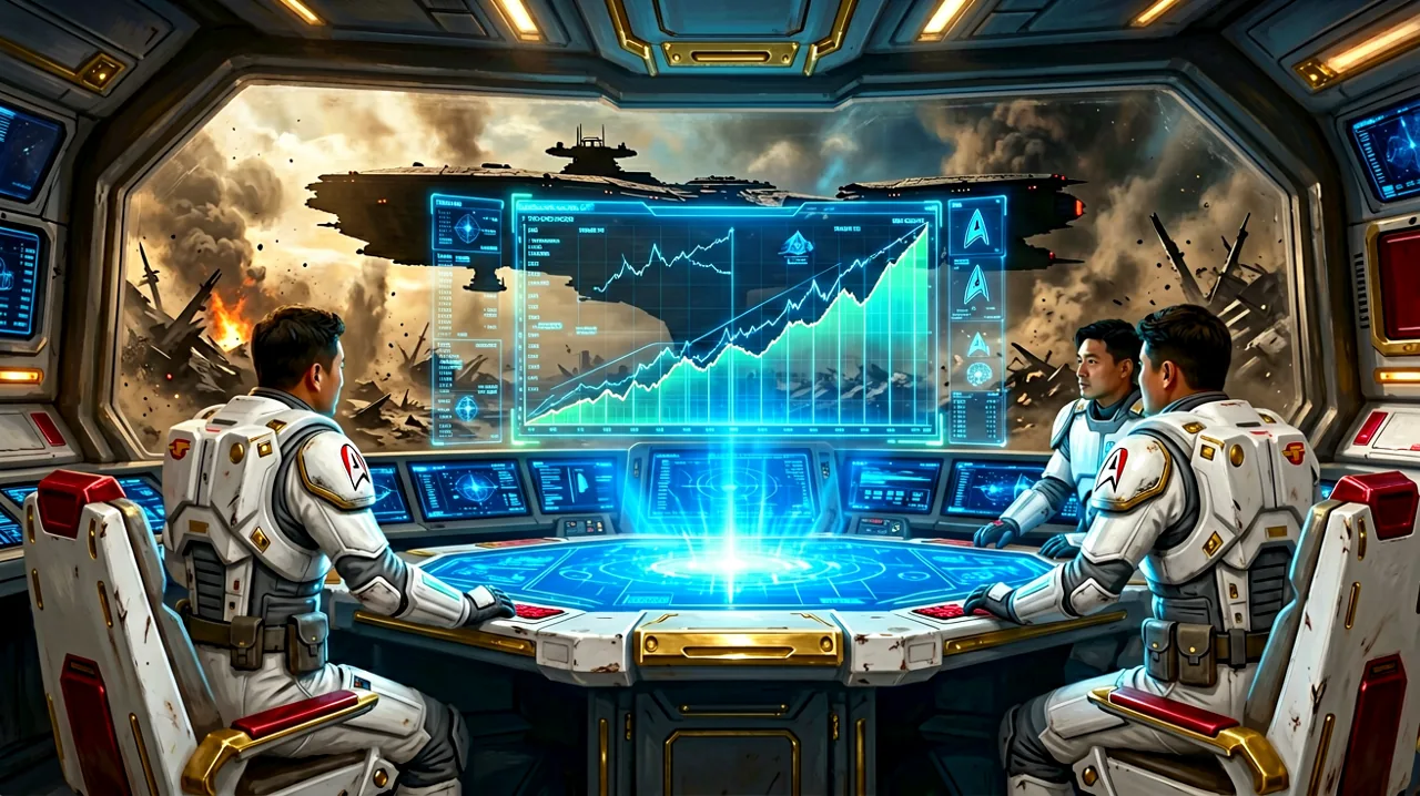 A holographic dashboard showing rising tactical charts against the silhouette of a Republic cruiser.